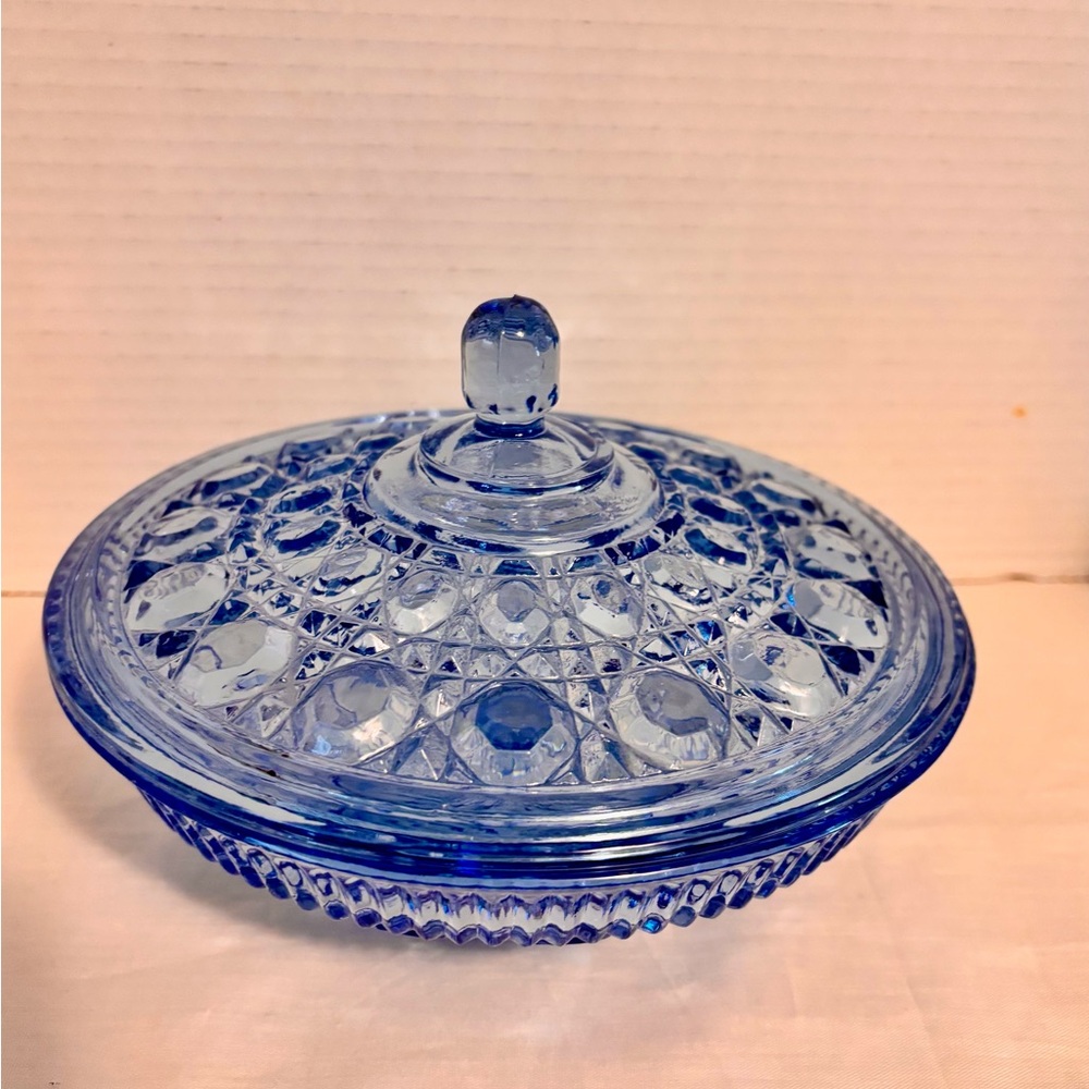 Blue Pressed Glass Covered Candy Dish -